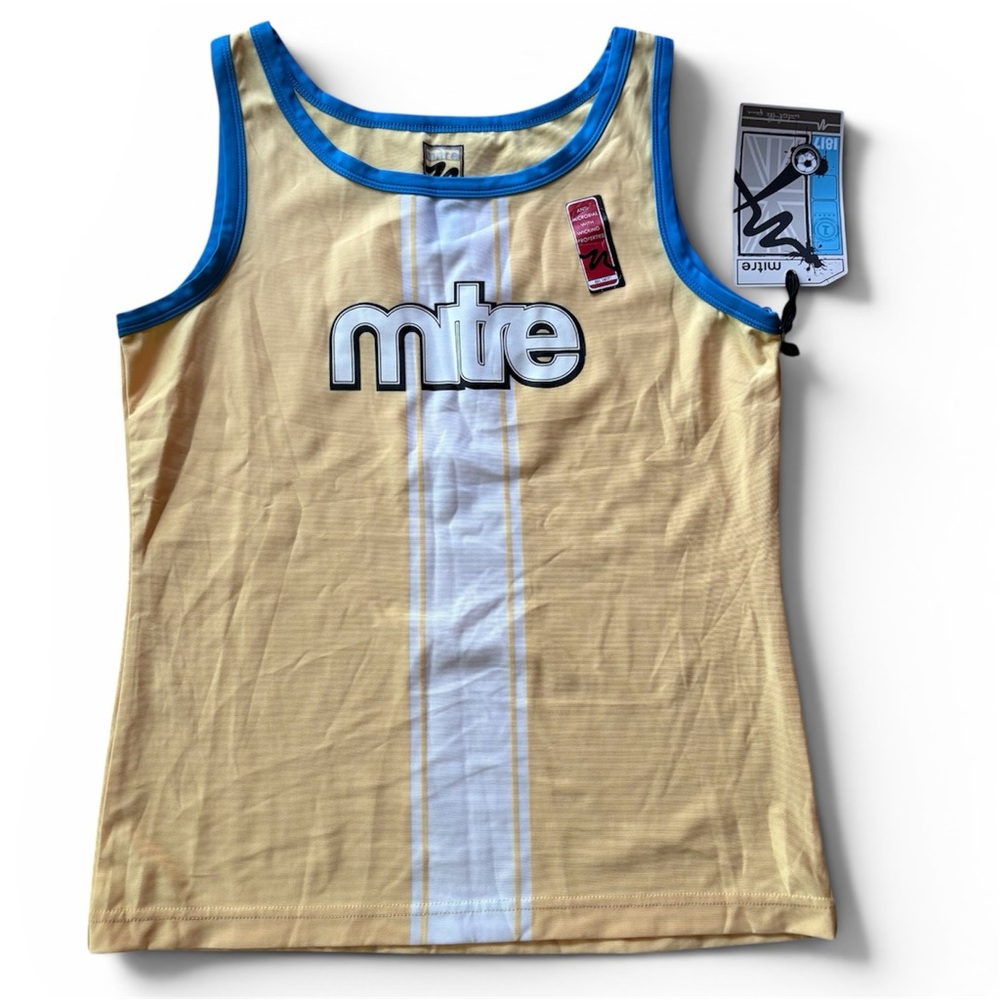 Women M vintage-style athletic tank top Mitre singlet blue trim soccer football